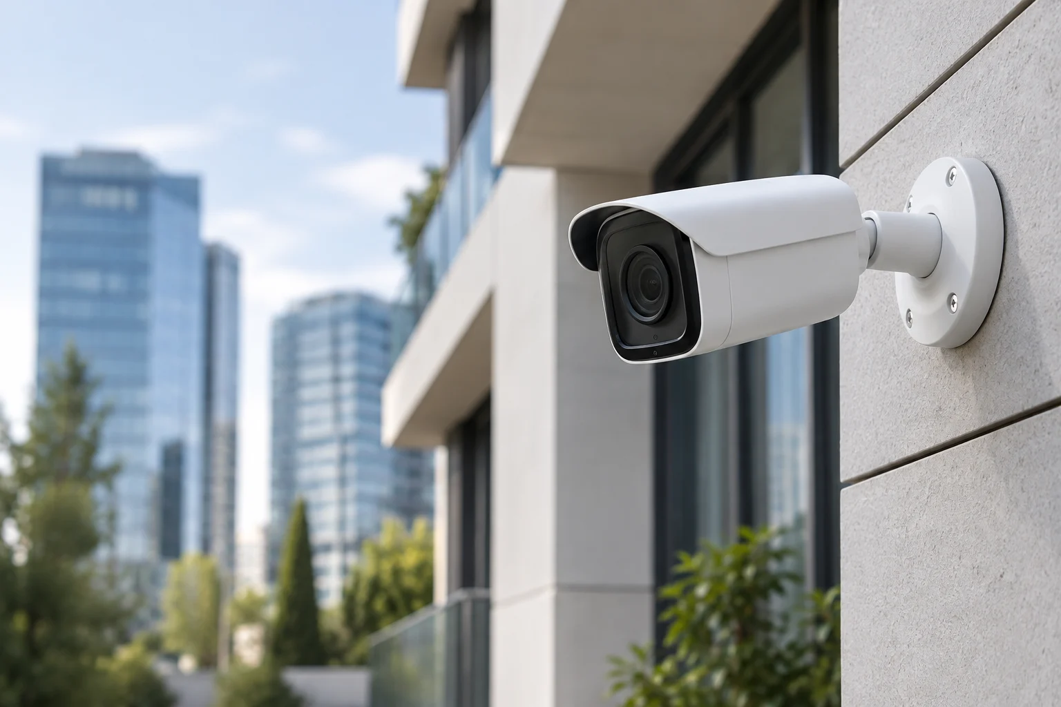 Illustrative CCTV security camera on a modern residential building