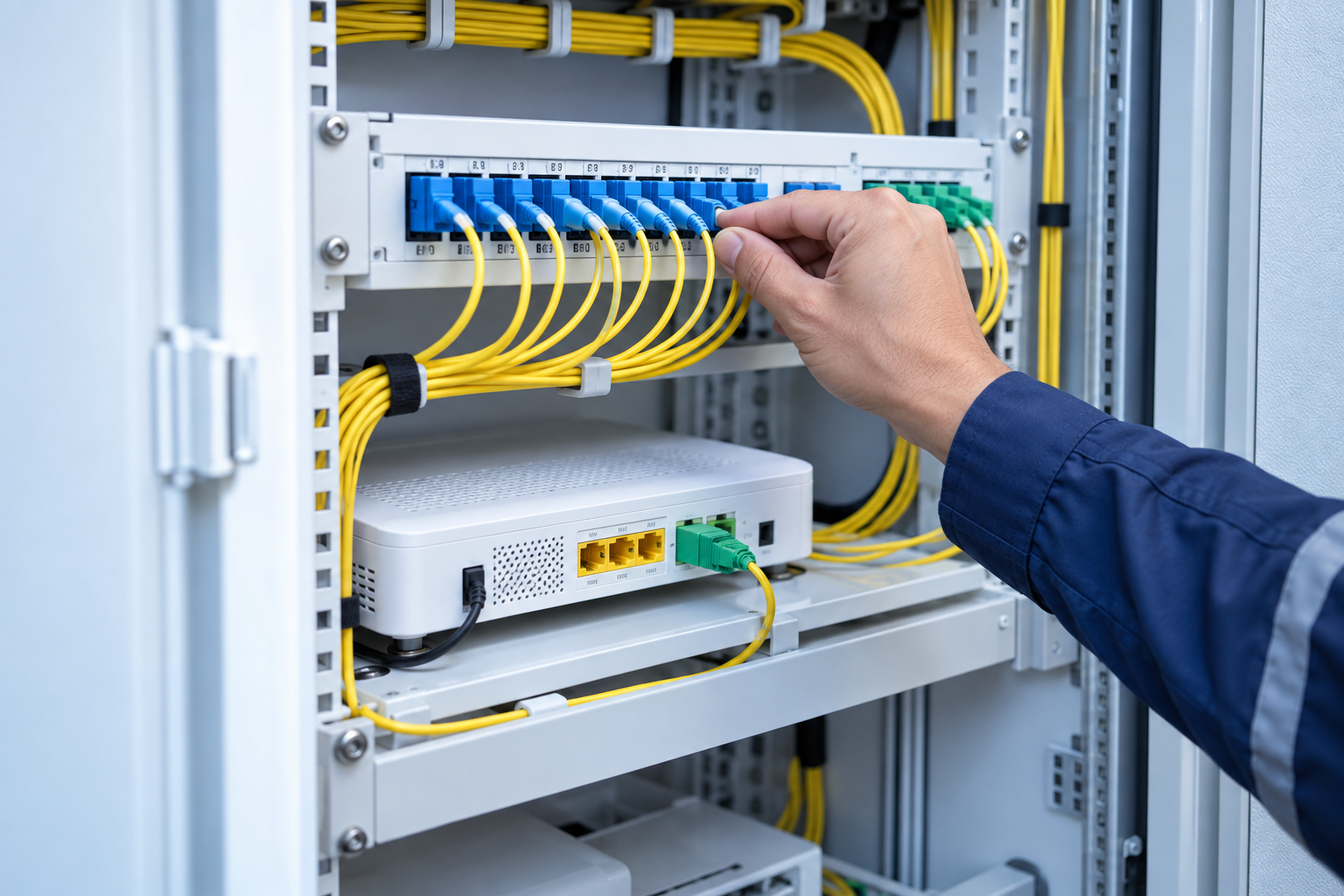 Illustrative FTTH installation showing a technician connecting fibre cables in a telecom cabinet